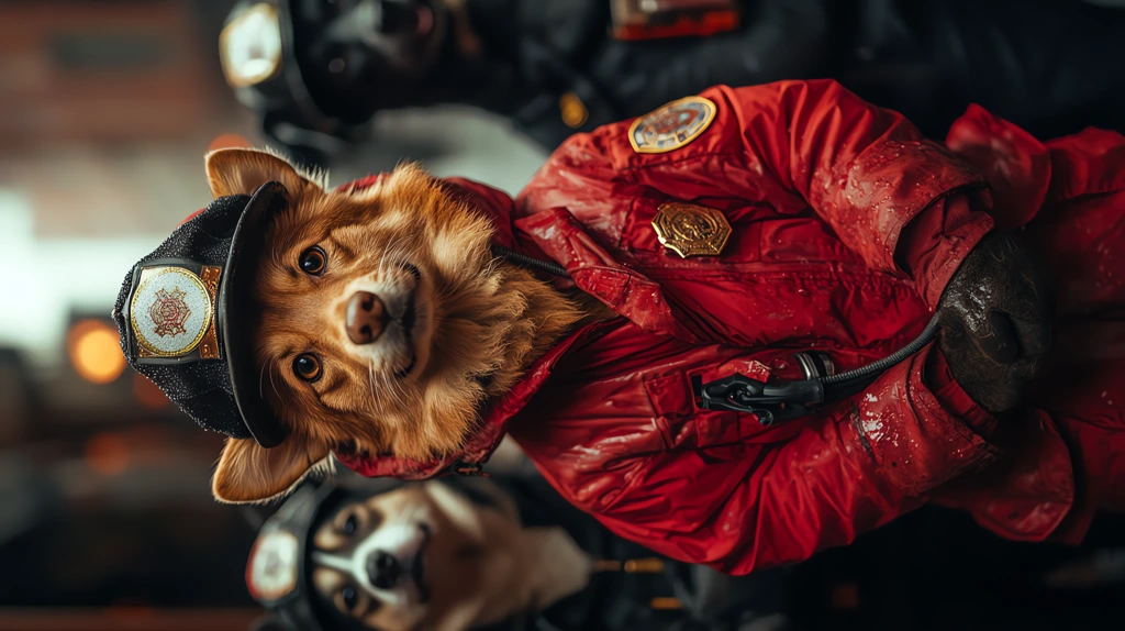 dog dressed as a firefighter policeman the scene is in new york phone wallpaper 4k