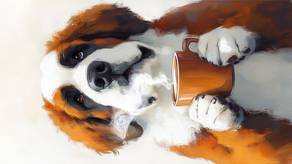 dog holding a cup of coffee in its paws in a cartoon style illustration phone wallpaper 4k