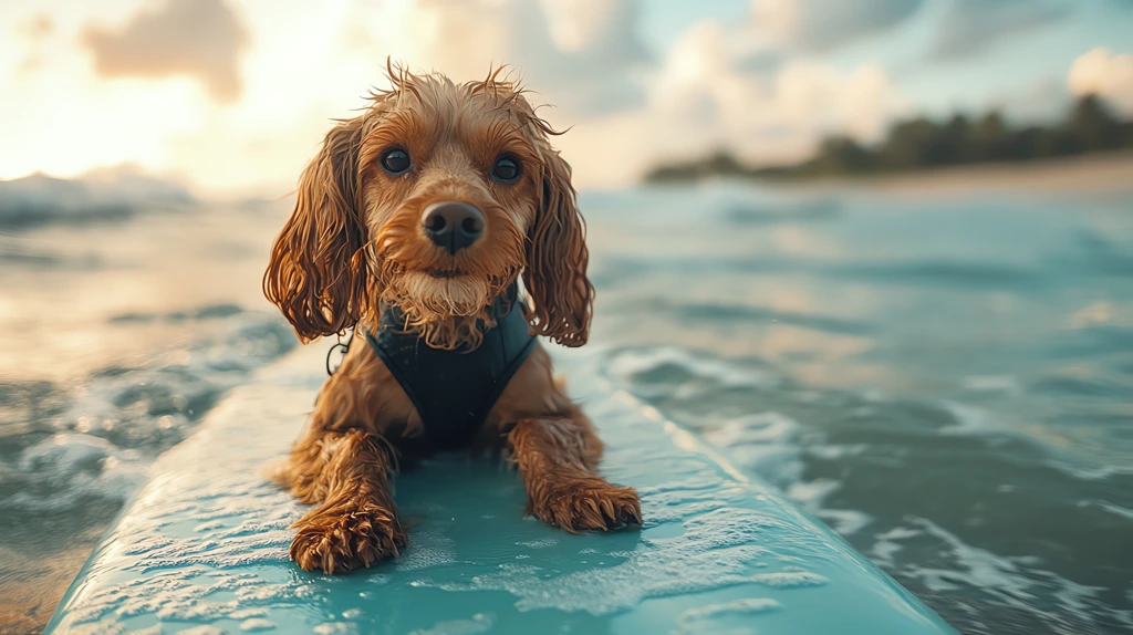 dog in a divers suit on a surfboard on a sea wave desktop wallpaper 4k