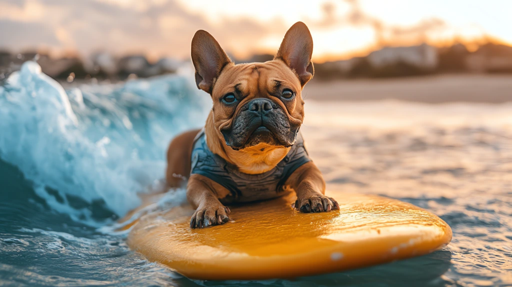 dog on a surfboard on a sea wave desktop wallpaper 4k