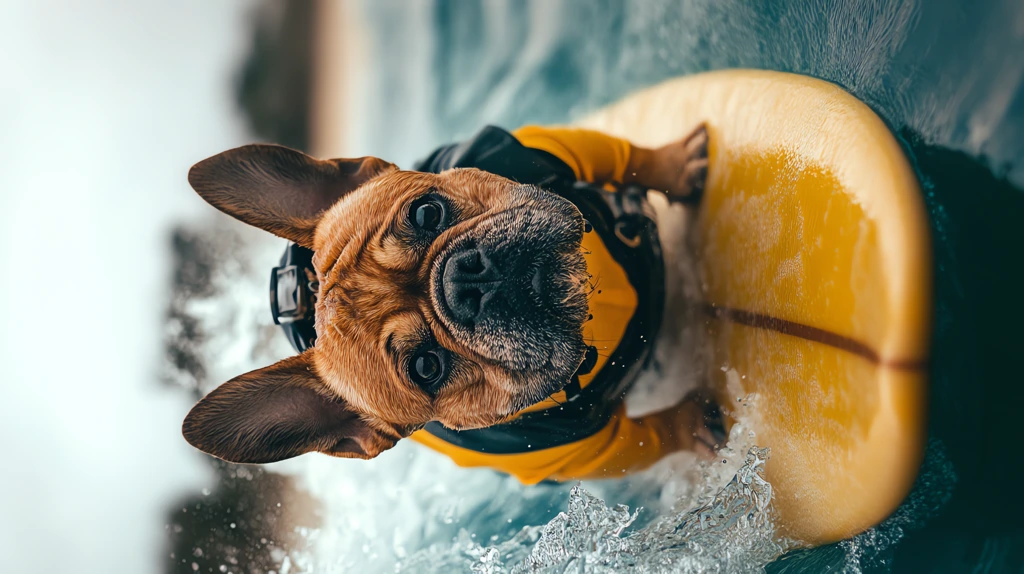 dog photo in a divers suit on a surfboard phone wallpaper 4k