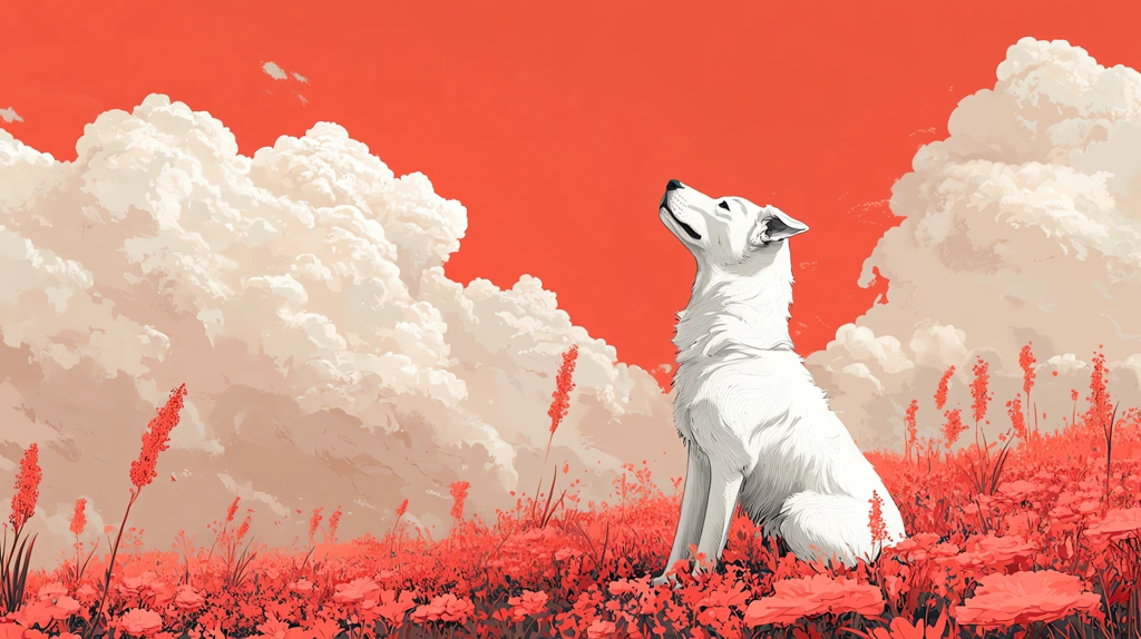 dog with cloudy sky in the style of john holcroft whimsical floral scenes desktop wallpaper 4k