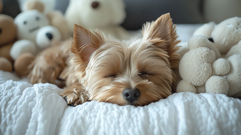 dog yorkshire terrier lies supine on a soft white bed desktop wallpaper 4k