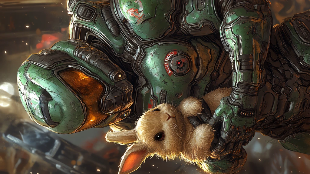 doom guy doom slayer with a cute adorable fluffy bunny version four phone wallpaper 4k