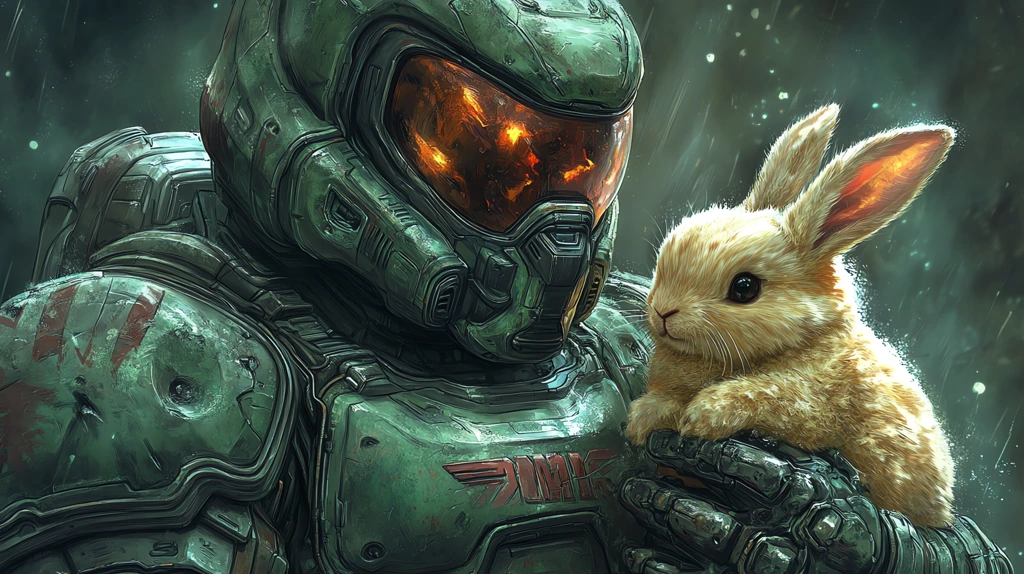 doom guy doom slayer with a cute adorable fluffy bunny version one desktop wallpaper 4k