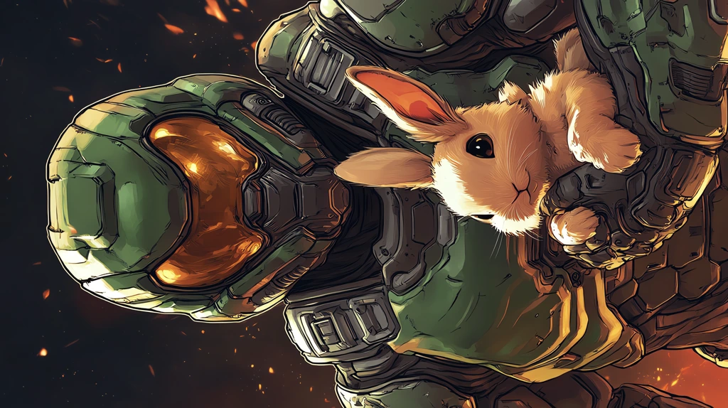 doom guy doom slayer with a cute adorable fluffy bunny version three phone wallpaper 4k