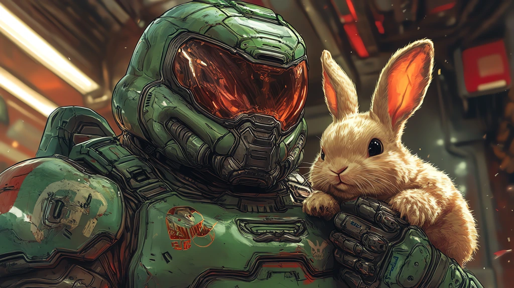 doom guy doom slayer with a cute adorable fluffy bunny version two desktop wallpaper 4k