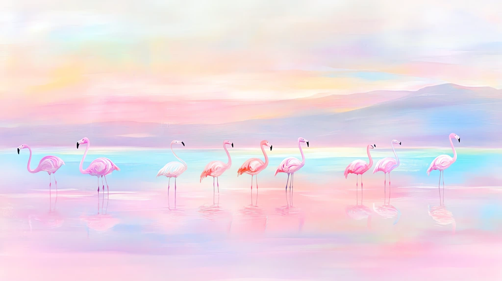 dyed flamingos wading in a pastel pink lake whimsical wildlife desktop wallpaper 4k