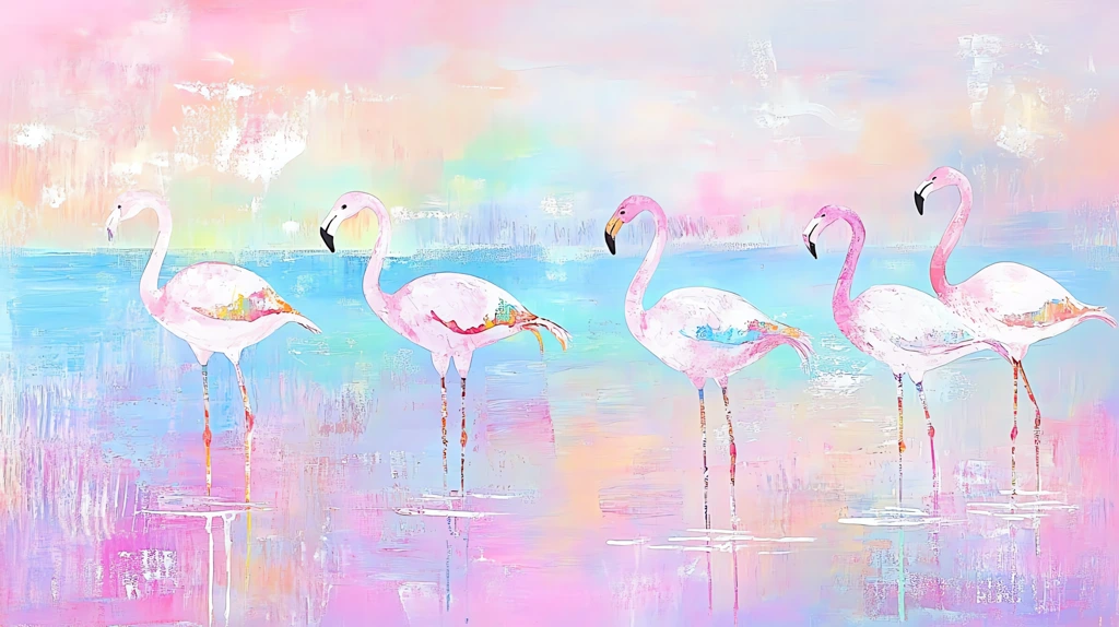 dyed flamingos wading in a pastel pink lake whimsical wildlife painting desktop wallpaper 4k