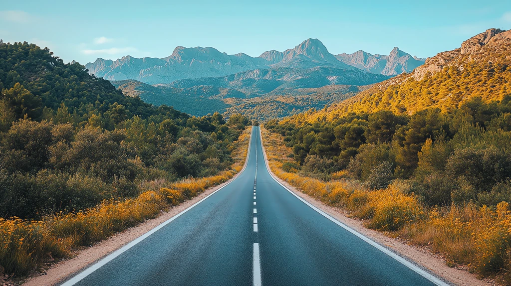 empty road with green plants mountains in the distance desktop wallpaper 4k