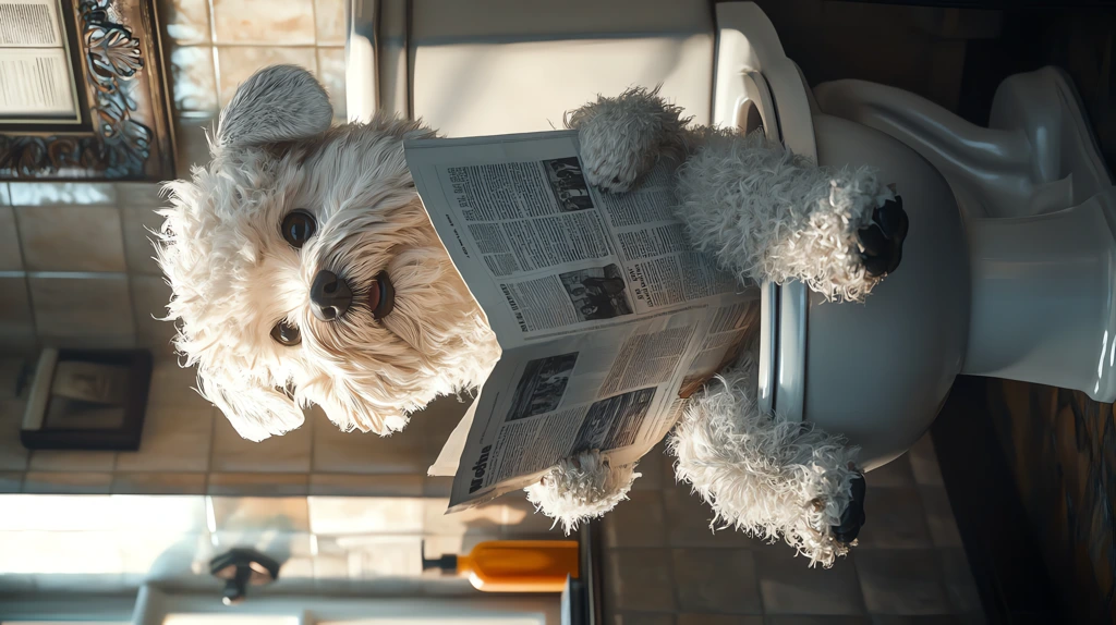 english sheepdog on a small toilet with a sweet look phone wallpaper 4k