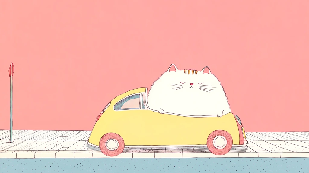 fat cat riding in a toy car down the sidewalk playful colorful desktop wallpaper 4k