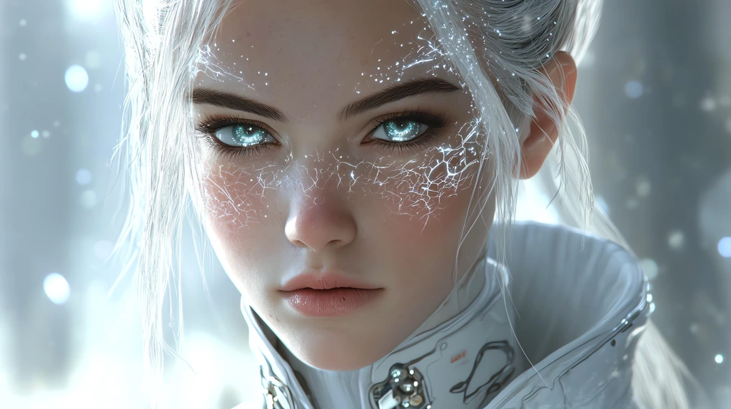 female character with soft delicate facial features silver-white hair and intricate organic desktop wallpaper 4k