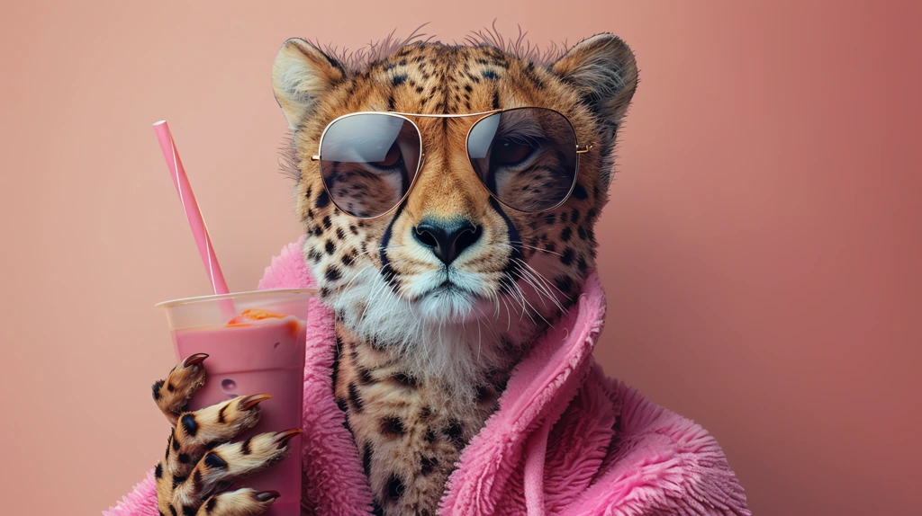 female fashion preppy cheetah sunglasses holding a cartoon of strawberry juice desktop wallpaper 4k