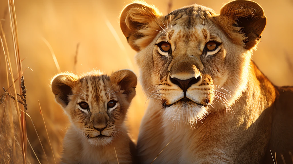 female lioness with her cub side by side desktop wallpaper 4k