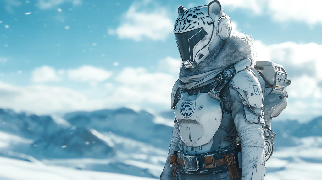 female mandalorian wearing snow tiger-themed armor standing in a snowy desktop wallpaper 4k