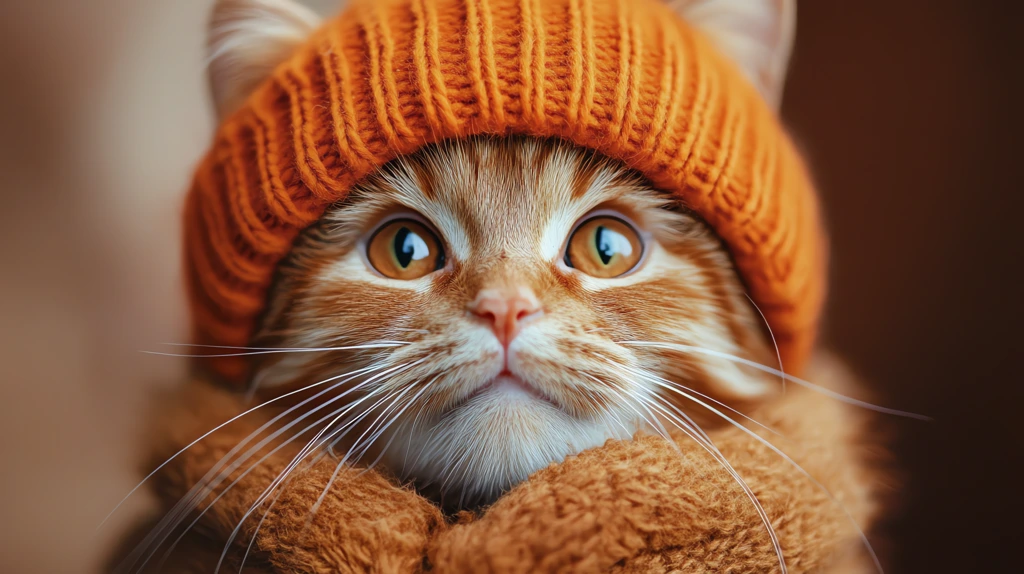 fluffy orange fur on a cat-like curious creature in a hat desktop wallpaper 4k