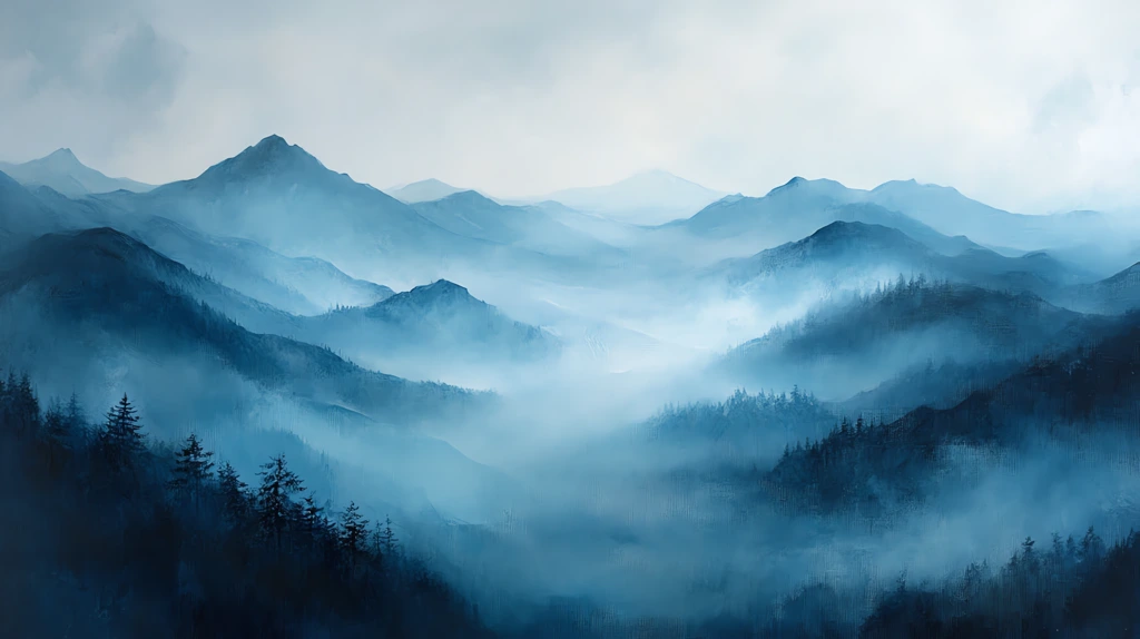 fog glimmers faintly as hidden forms move within painted in muted blues and silvers desktop wallpaper 4k