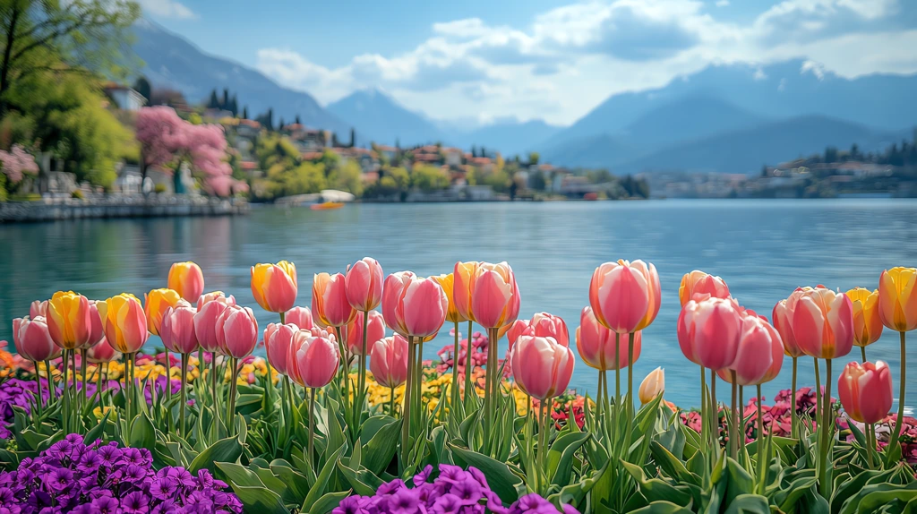 foreground vibrant tulips in shades of pink and yellow bloom against lush green desktop wallpaper 4k