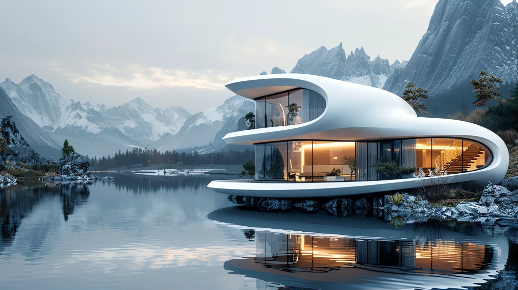 futuristic architectural lake house poster desktop wallpaper 4k