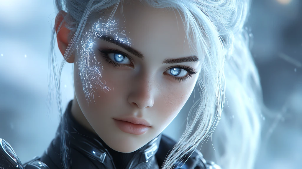 futuristic female character with soft delicate facial features silver-white hair desktop wallpaper 4k