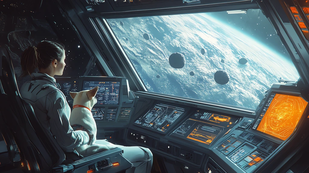 futuristic spaceship a woman and her french bulldog float in zero gravity desktop wallpaper 4k