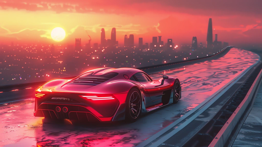 futuristic sports car cruises down the highway desktop wallpaper 4k