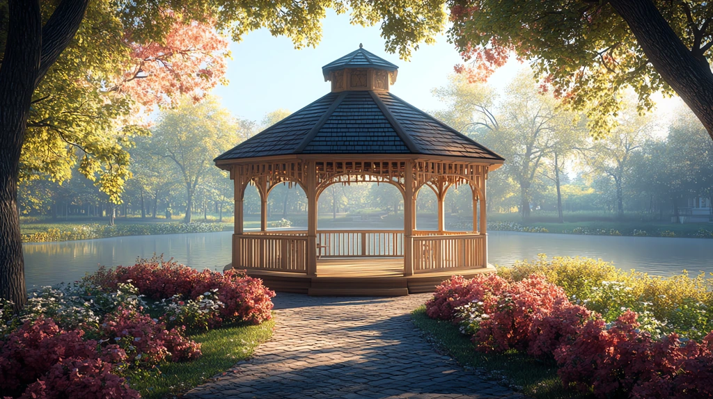 gazebo and tree beside the lake desktop wallpaper 4k