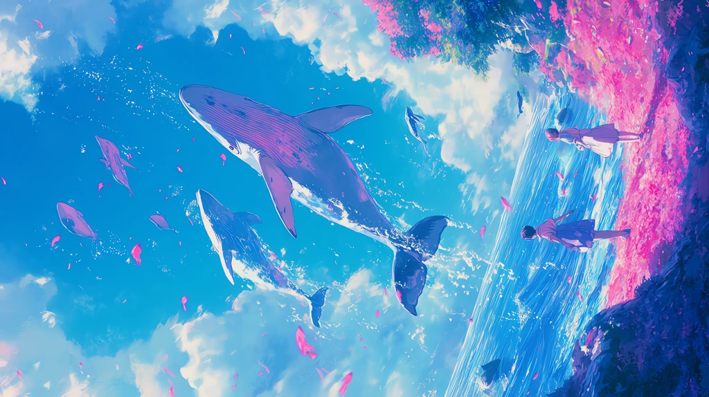 ghibli style whales splashing phone wallpaper 4k