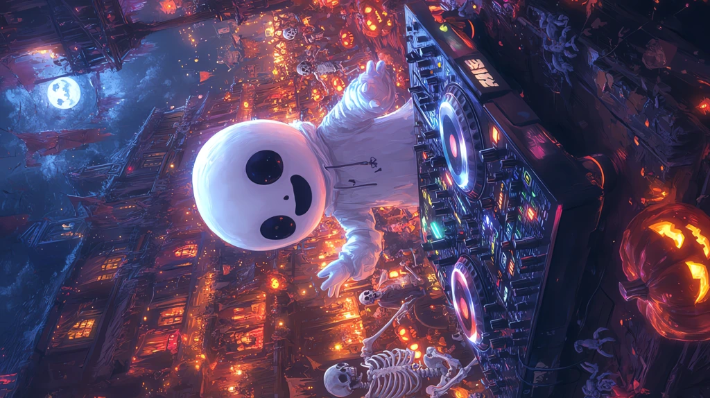 ghost dj mixing music at a halloween party phone wallpaper 4k