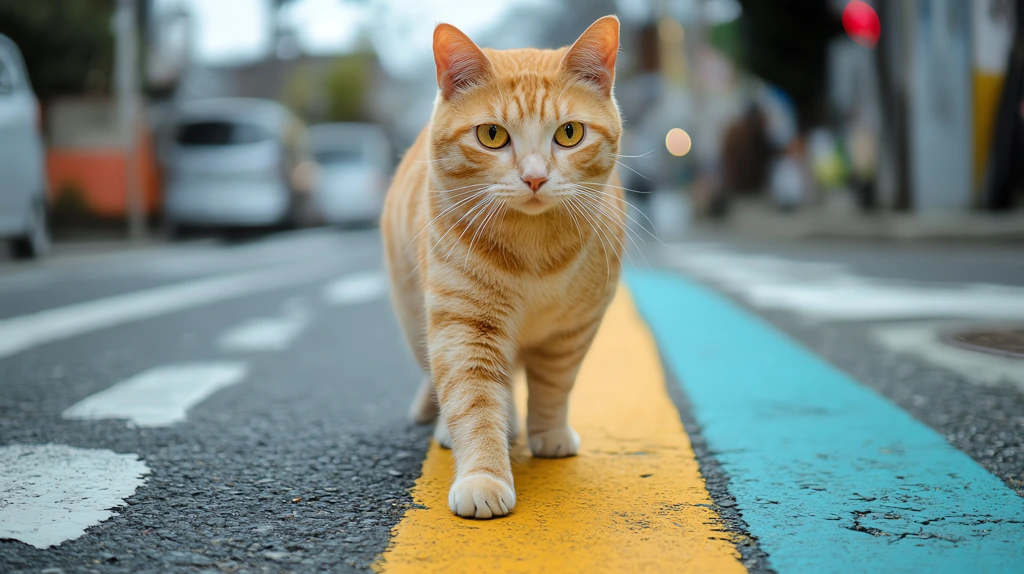 giant cat walk on the color street desktop wallpaper 4k