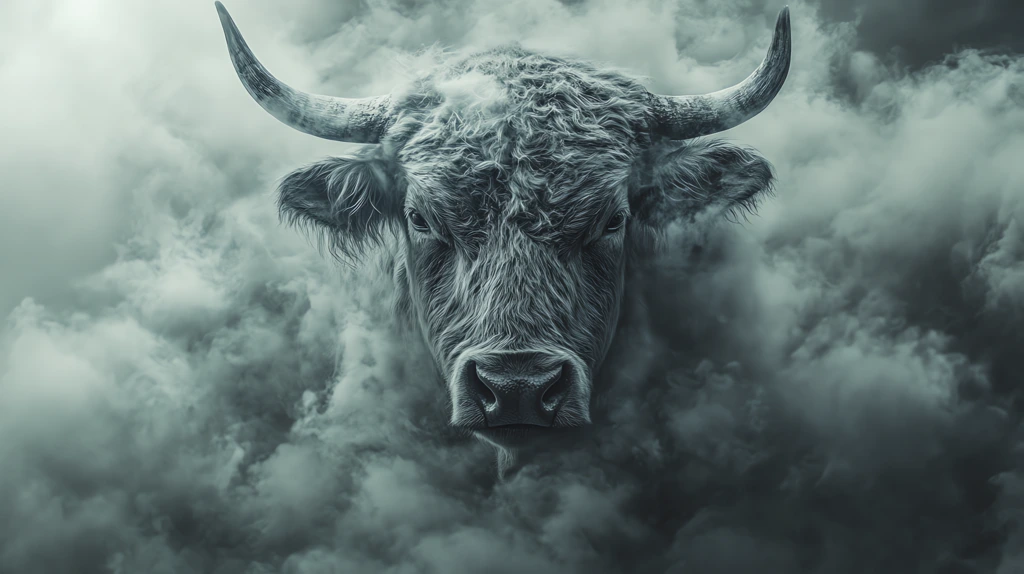 giant ox emerging from thick smoke only its face visible realistic and highly desktop wallpaper 4k