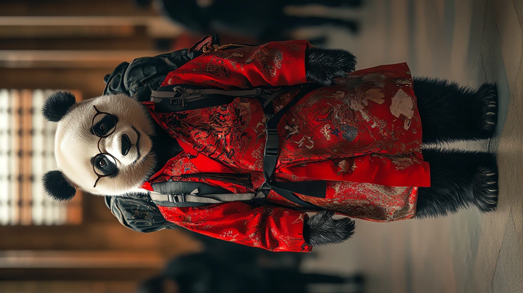 giant panda dressed in red neo-chinese clothing with a backpack phone wallpaper 4k