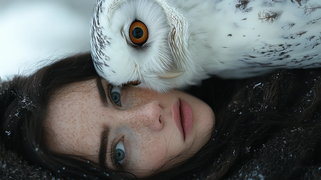 giant white owl and a women stand side by side phone wallpaper 4k