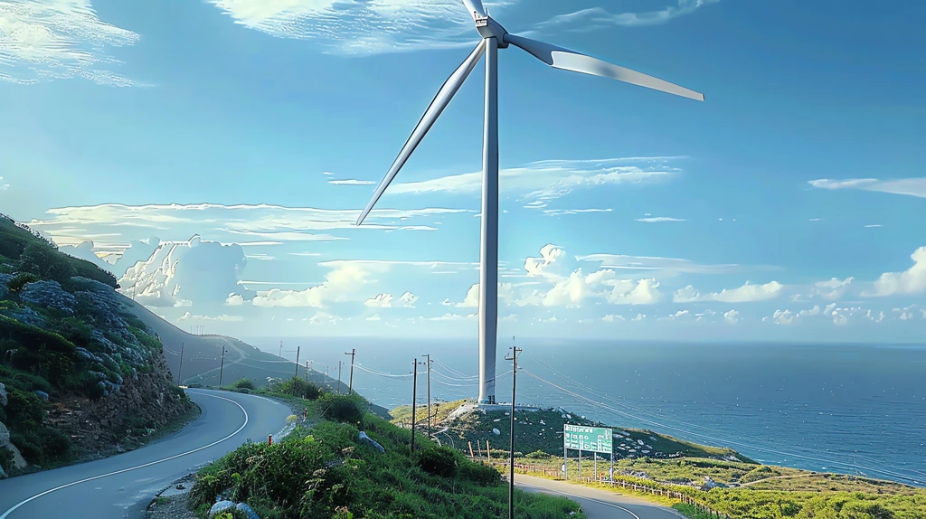 giant wind turbine curved mountain road blue ocean desktop wallpaper 4k