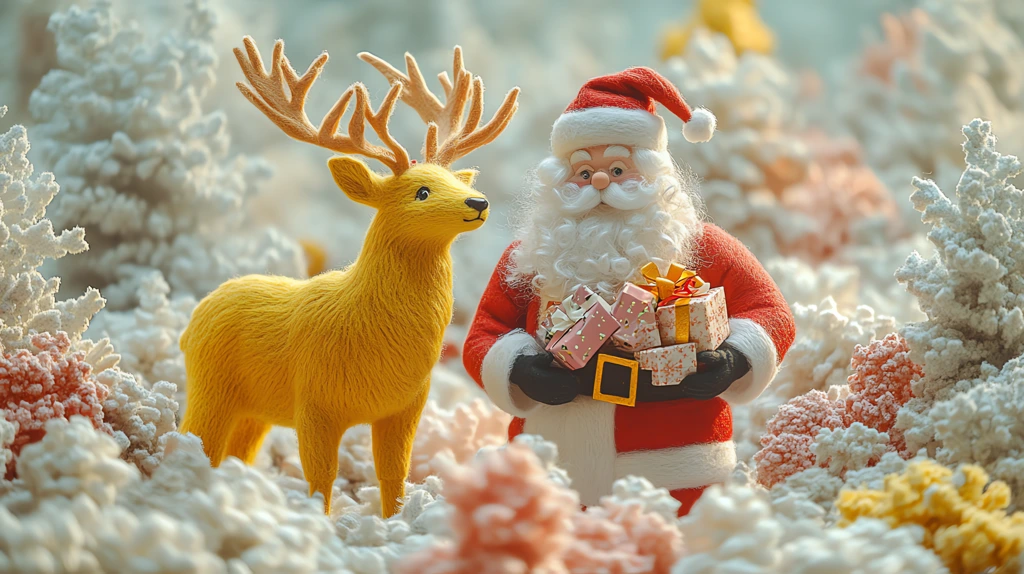 giant yellow elk standing beside santa claus version one desktop wallpaper 4k