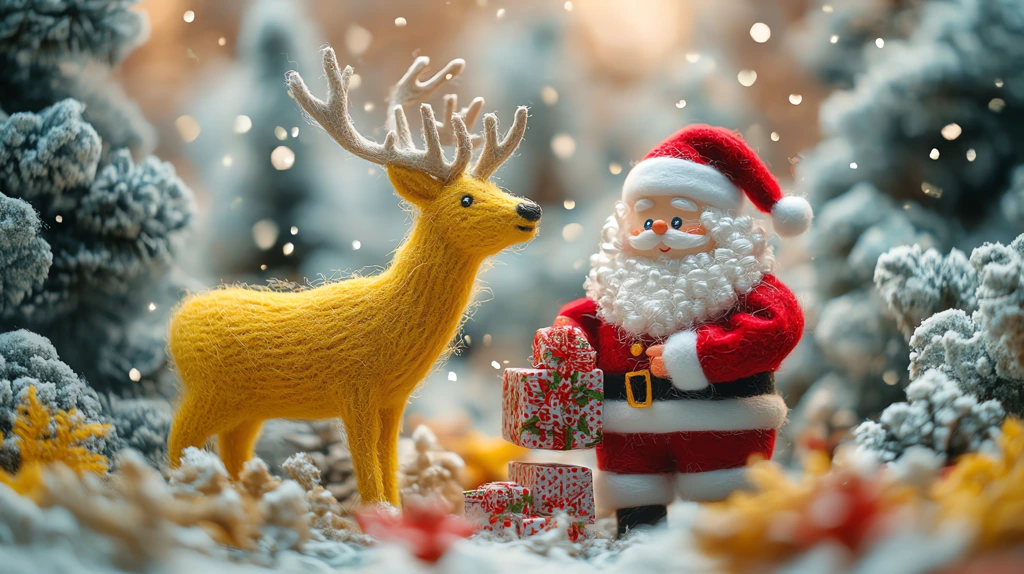 giant yellow elk standing beside santa claus version two desktop wallpaper 4k