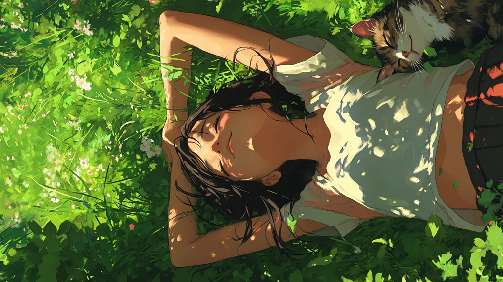 girl lying in the middle of a green meadow with two arms phone wallpaper 4k