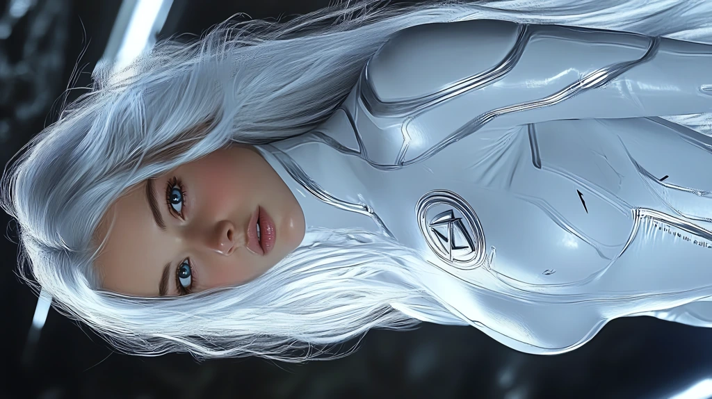 girl silver hair white suit silver logo on her chest silver energy phone wallpaper 4k