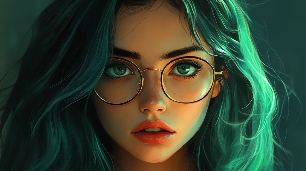 girl with green hair big glasses freckles desktop wallpaper 4k