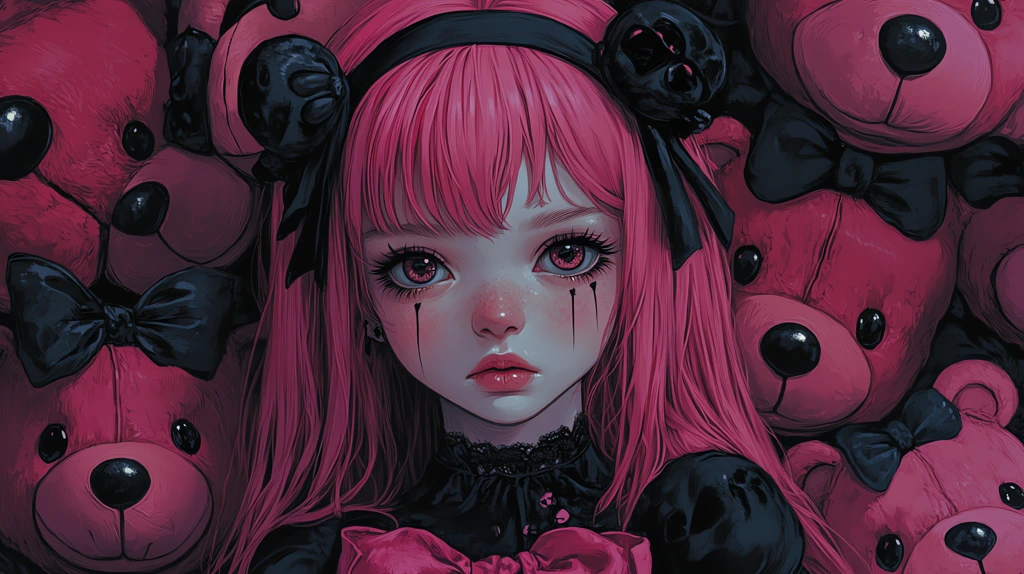 girl with pink hair and black bows in the style of gothic fashion desktop wallpaper 4k