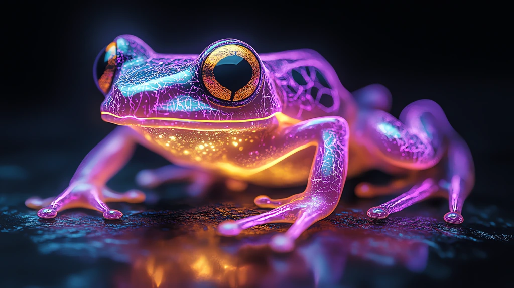 glowing frog with purple and yellow light and neural-like purple desktop wallpaper 4k