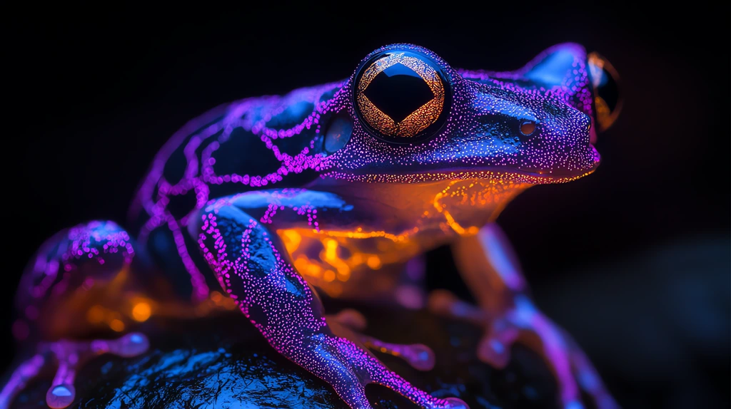 glowing frog with purple and yellow light and neural-like purple lines on its legs desktop wallpaper 4k