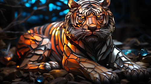 glowing mosaic sculpture of tiger 5 animals desktop wallpaper full hd 4k free download
