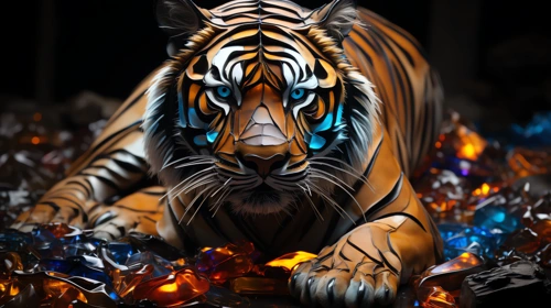 glowing mosaic sculpture of tiger 7 animals desktop wallpaper full hd 4k free download