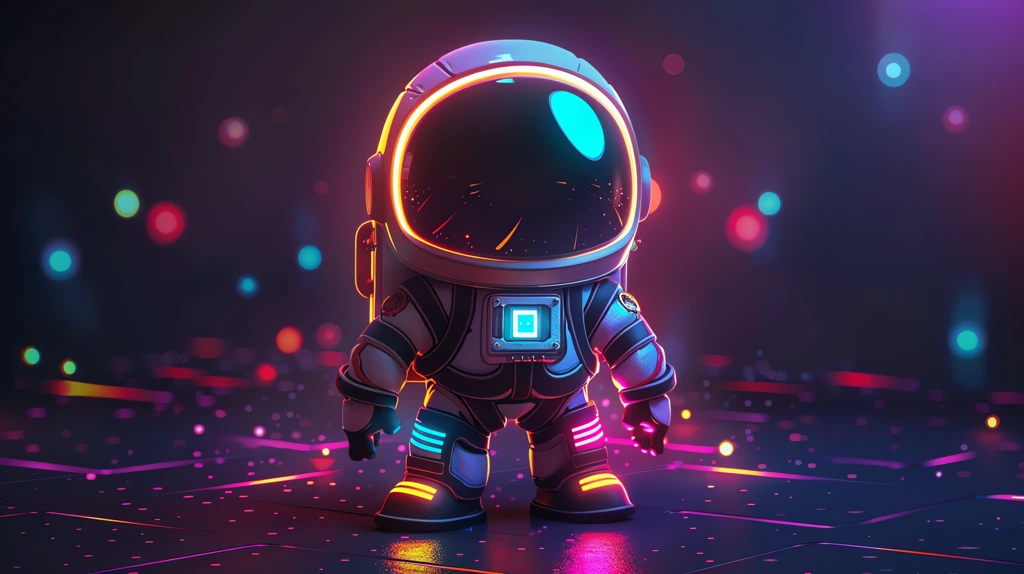 glowing neon chibi space man moon man illustration desktop wallpaper 4k