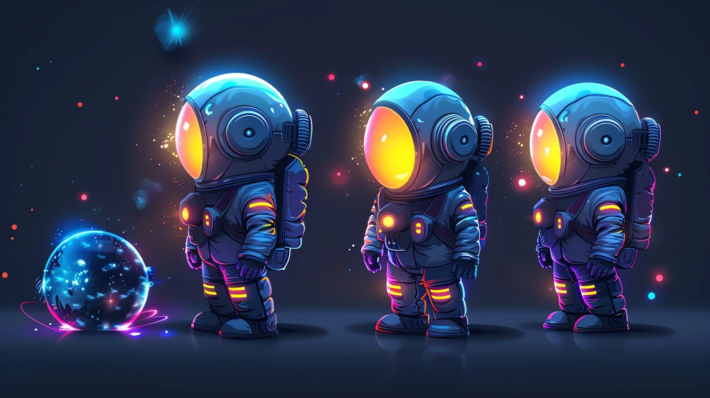 glowing neon chibi space man moon man illustration mascot desktop wallpaper 4k