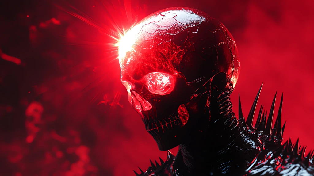 glowing skull with sun rays emerging from an alien black skin red desktop wallpaper 4k