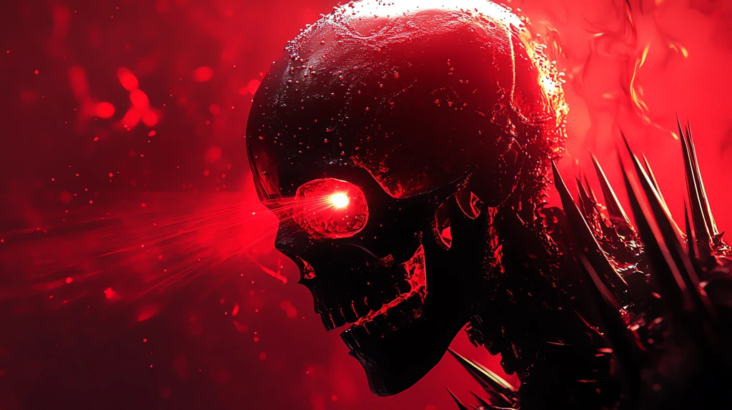 glowing skull with sun rays emerging from an alien black skin suit with spikes desktop wallpaper 4k