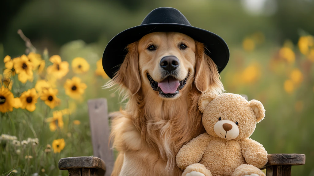 golden retriever holding a teddy bear desktop wallpaper 4k